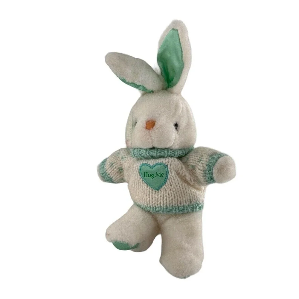 Vintage Main Joy Plush White Bunny Green Knit Sweater Hug Me Heart Easter Satin